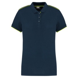 Ladies' short-sleeved contrasting DayToDay polo sh Kleur FLUOGEEL/MARINEBLAUW